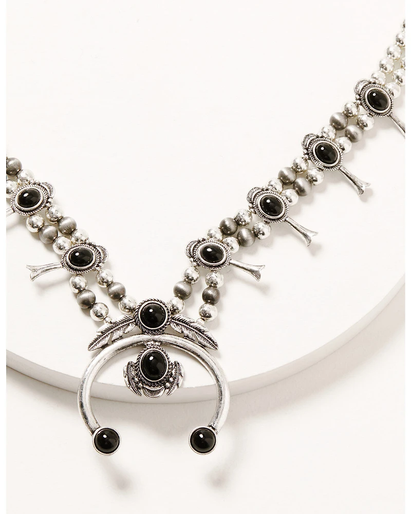 Shyanne Women's Silver Beaded Squash Blossom Onyx Stone Necklace