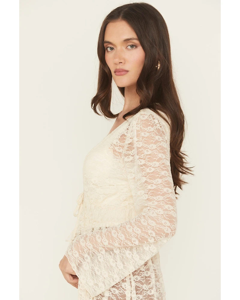 Originality Women's Lace Bell Sleeve Tie Kimono