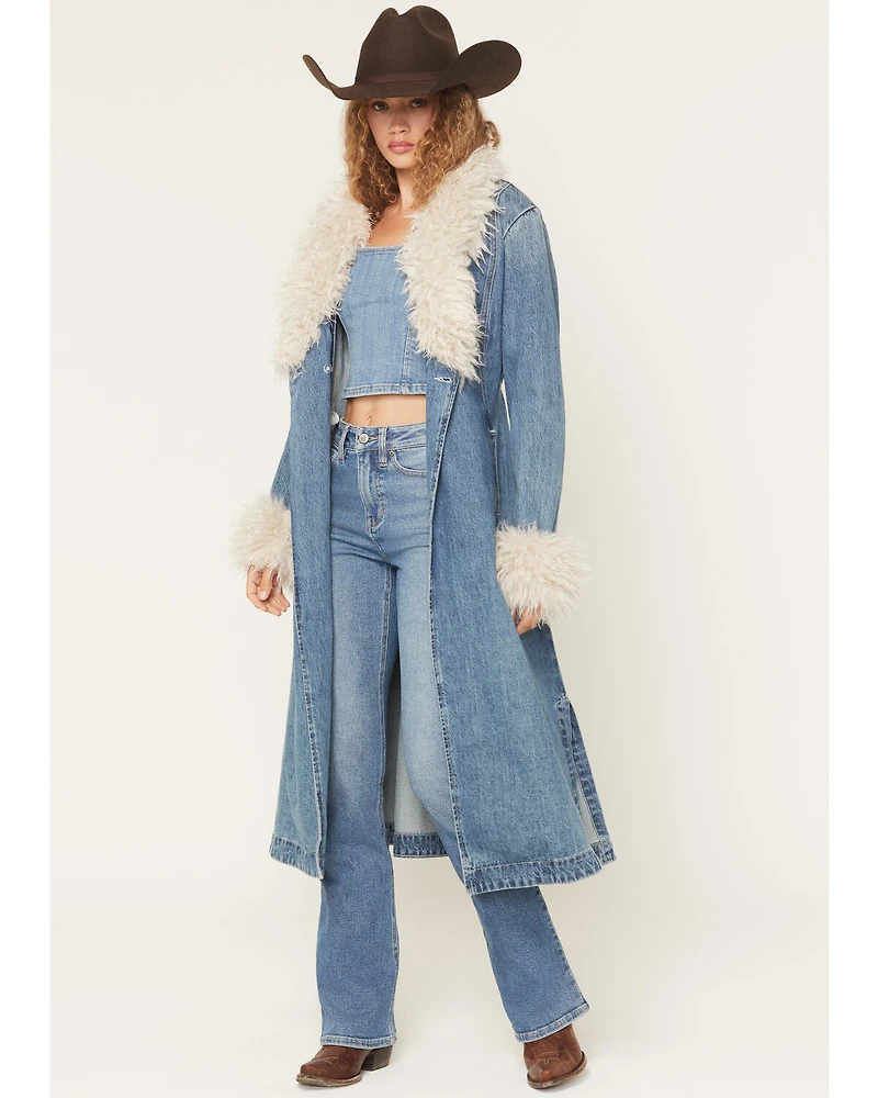 Idyllwind Women's Thistle Long Denim Fur Collar Trench Coat