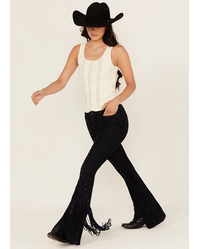 Idyllwind Women's Outlaw High Rise Studded Fringe Super Stretch Flare Jeans