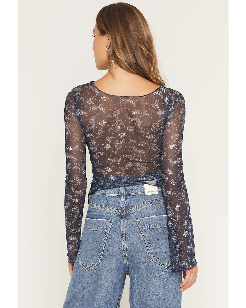 Ash & Violet Women's Paisley Print Long Sleeve Mesh Top
