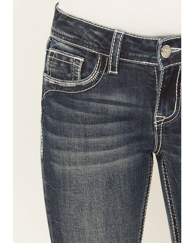 Grace LA Girls' Dark Wash Floral Pocket Bootcut Stretch Denim Jeans
