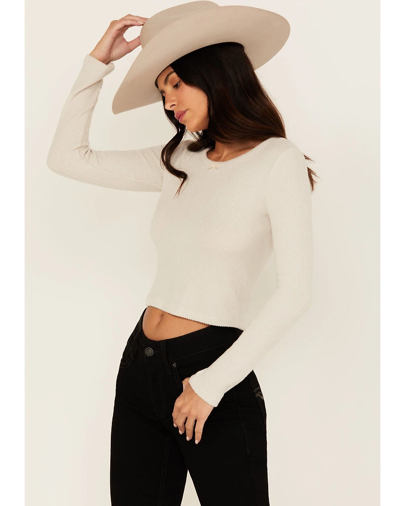 Originality Women's Solid Rib Knit Long Sleeve Cropped Shirt