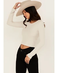 Originality Women's Solid Rib Knit Long Sleeve Cropped Shirt