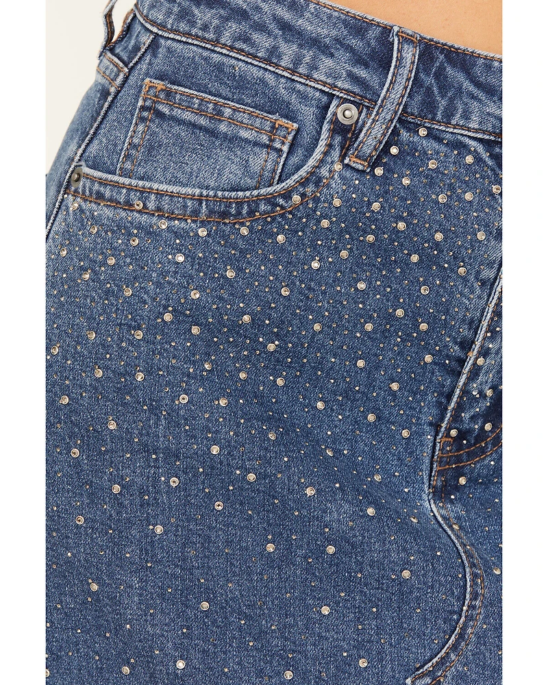 Rock & Roll Denim Women's Medium Wash Rhinestone Studded Maxi Skirt