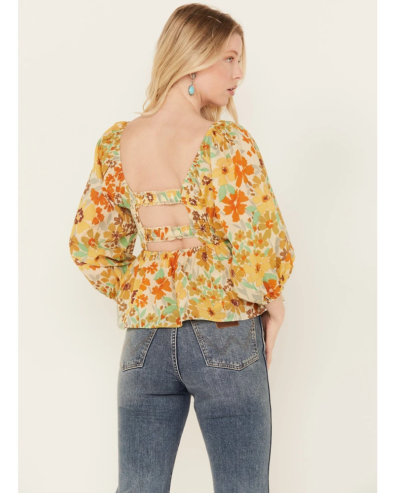 By Together Women's Sunflower Print Smocked Long Sleeve Peasant Top