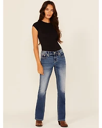 Miss Me Women's Medium Wash Mid Rise Fleur de Lis Pocket 32" Bootcut Stretch Denim Jeans