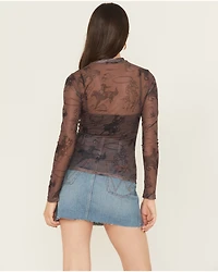 Blue B Women's Cowboy Conversation Print Long Sleeve Mesh Shirt