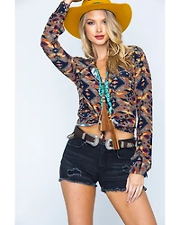 Ryan Michael Women's Aspen Southwestern Silk Print Long Sleeve Pearl Snap Western Shirt