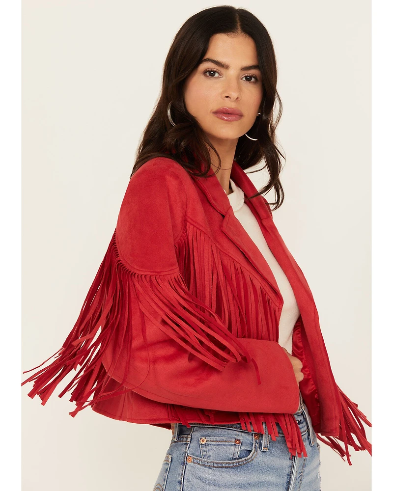 Saints & Hearts Women's Faux Suede Cropped Fringe Jacket