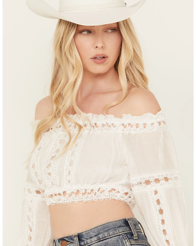 Revel Women's Eyelet Off The Shoulder Long Sleeve Top