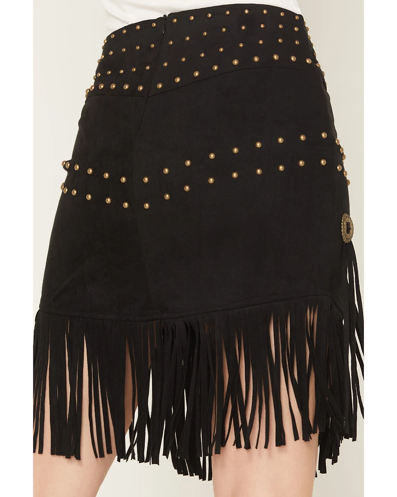 Fornia Women's Faux Suede Fringe Concho Mini Skirt