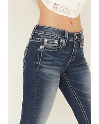 Miss Me Women's Dark Wash Mid Rise Embroidered Pocket 32" Bootcut Stretch Denim Jeans