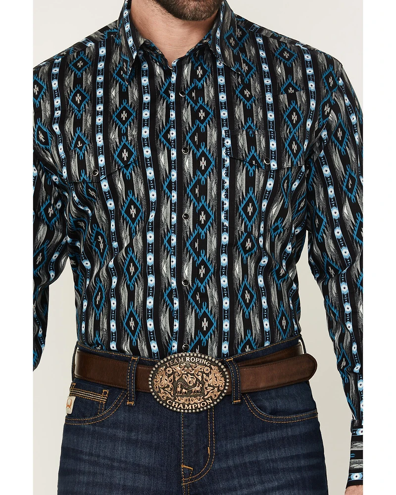 Wrangler Men's Checotah Southwestern Striped Long Sleeve Pearl Snap Western Shirt