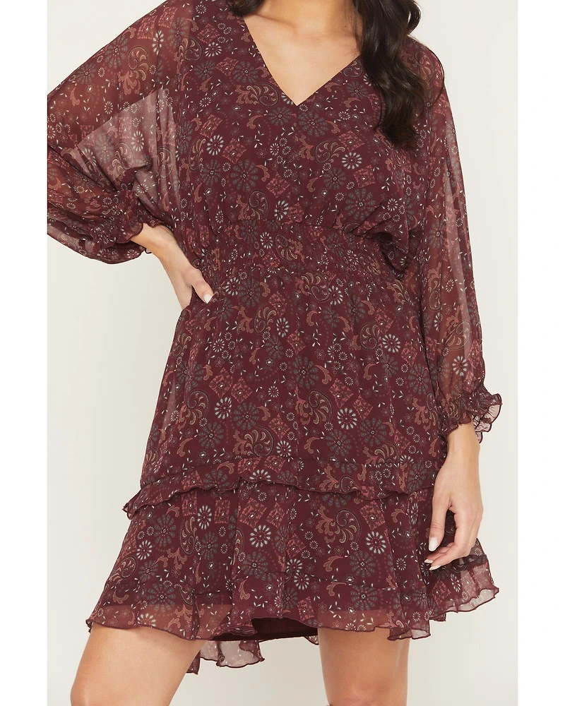 Shyanne Women's Glenwood Floral Print Long Sleeve Chiffon Mini Dress