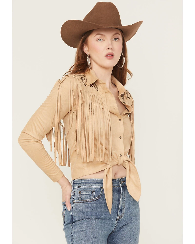 Idyllwind Women's McKinney Faux Suede Long Sleeve Fringe Top