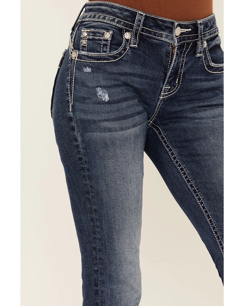 Miss Me Women's Medium Wash Mid Rise Cowhide Pocket 32" Bootcut Stretch Denim Jeans
