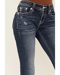 Miss Me Women's Medium Wash Mid Rise Cowhide Pocket 32" Bootcut Stretch Denim Jeans