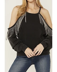 Blue B Women's Rhinestone Fringe Cold Shoulder Sweatshirt