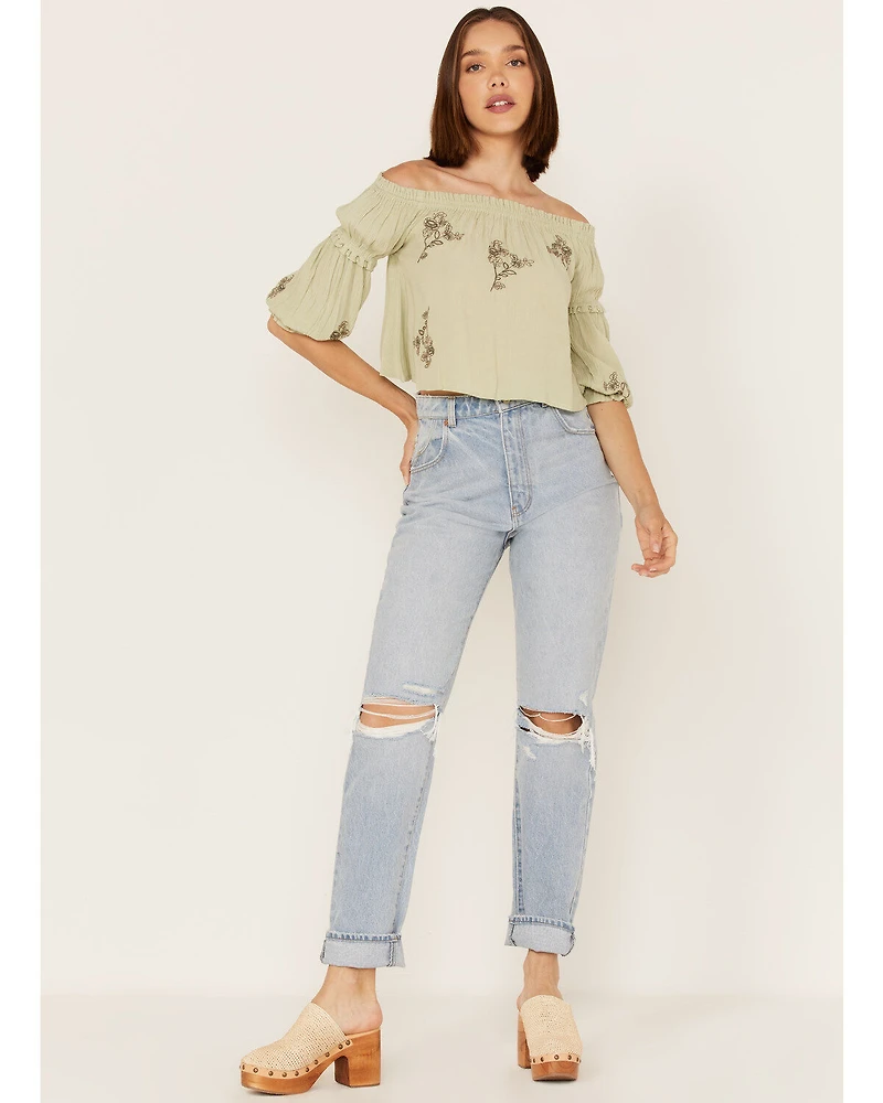 Shyanne Women's Floral Embroidered Off Shoulder Crop Top