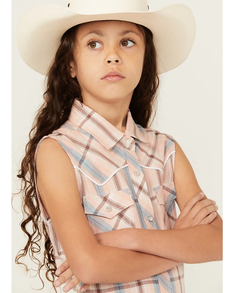 Cumberland Outfitters Girls' Plaid Print Sleeveless Pearl Snap Western Shirt