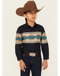 Roper Boys' Southwestern Border Print Long Sleeve Pearl Snap Western Shirt