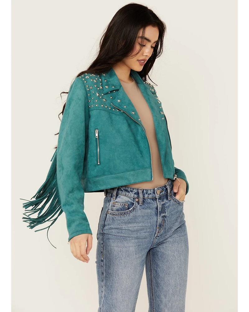 Rock & Roll Denim Women's Faux Suede Moto Fringe Jacket