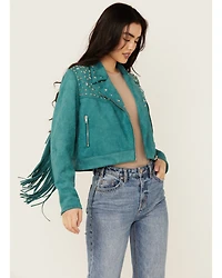 Rock & Roll Denim Women's Faux Suede Moto Fringe Jacket
