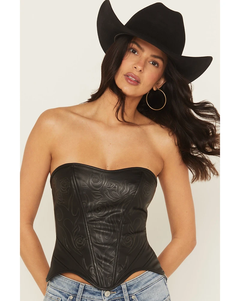 Fornia Women's Rose Embossed Faux Leather Bustier