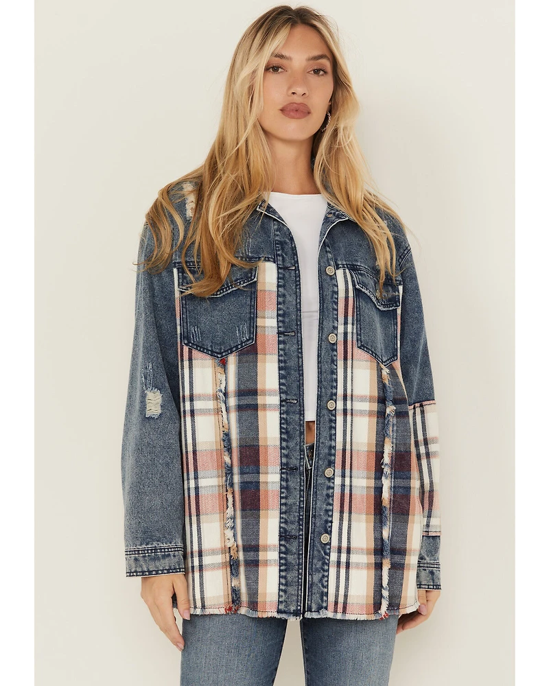 26 International Women's Plaid Print Long Sleeve Button-Down Denim Shacket