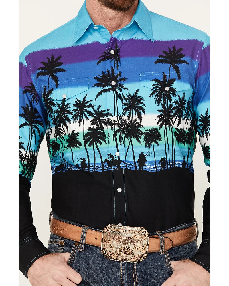 Roper Men's Vintage Palm Tree Beach Print Long Sleeve Pearl Snap Western Shirt