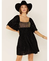 By Together Women's Sequin & Lurex Striped Babydoll Mini Dress