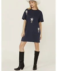 Rock & Roll Denim Women's Sequins Star Short Sleeve T-Shirt Mini Dress