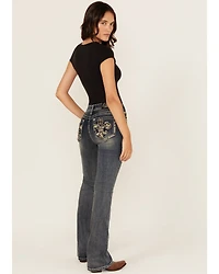 Grace LA Women's Medium Wash Camo Fleur De Lis Embroidered Mid Rise Bootcut Stretch Denim Jeans