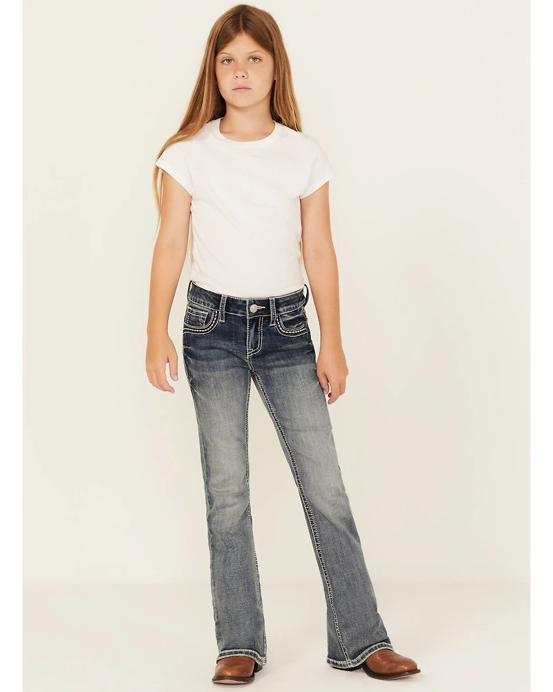 Grace LA Girls' Dark Wash Fleur De Lis Bootcut Stretch Denim Jeans