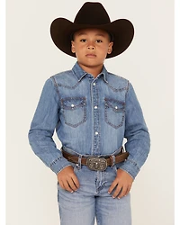Cody James Boys' Cave Creek Long Sleeve Pearl Snap Western Denim Shirt