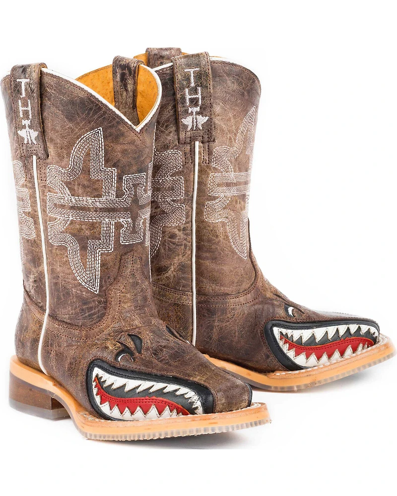 Tin Haul Boys' Tan and Red 8" Leather Western Boots - Square Toe