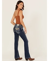 Miss Me Women's Dark Wash Mid Rise Agate Pocket 32" Bootcut Stretch Denim Jeans