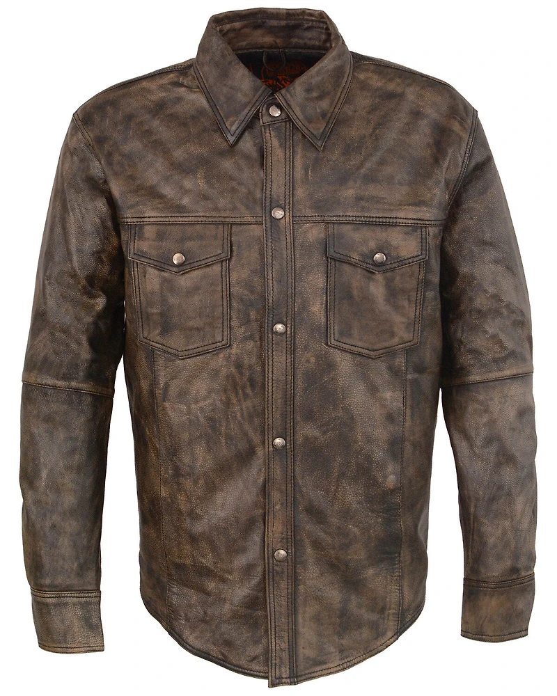 Milwaukee Leather Men's Distressed Brown Light Leather Snap Front Shirt - 4X