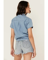 Blue B Women's Light Wash Rhinestone Short Sleeve Button-Down Denim Shirt