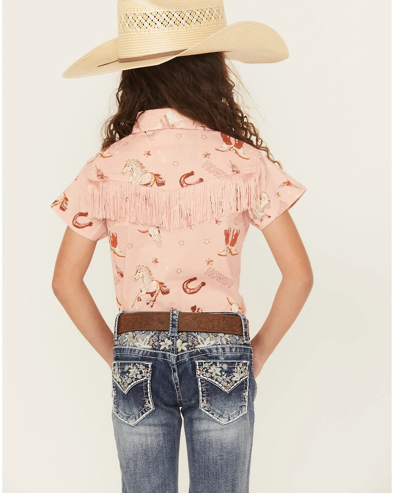 Shyanne Girls' Conversational Print Fringe Short Sleeve Snap Stretch Western Shirt