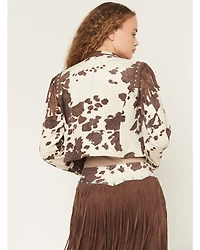 Shyanne Women's Porter Cow Print Faux Suede Embellished Fringe Moto Jacket