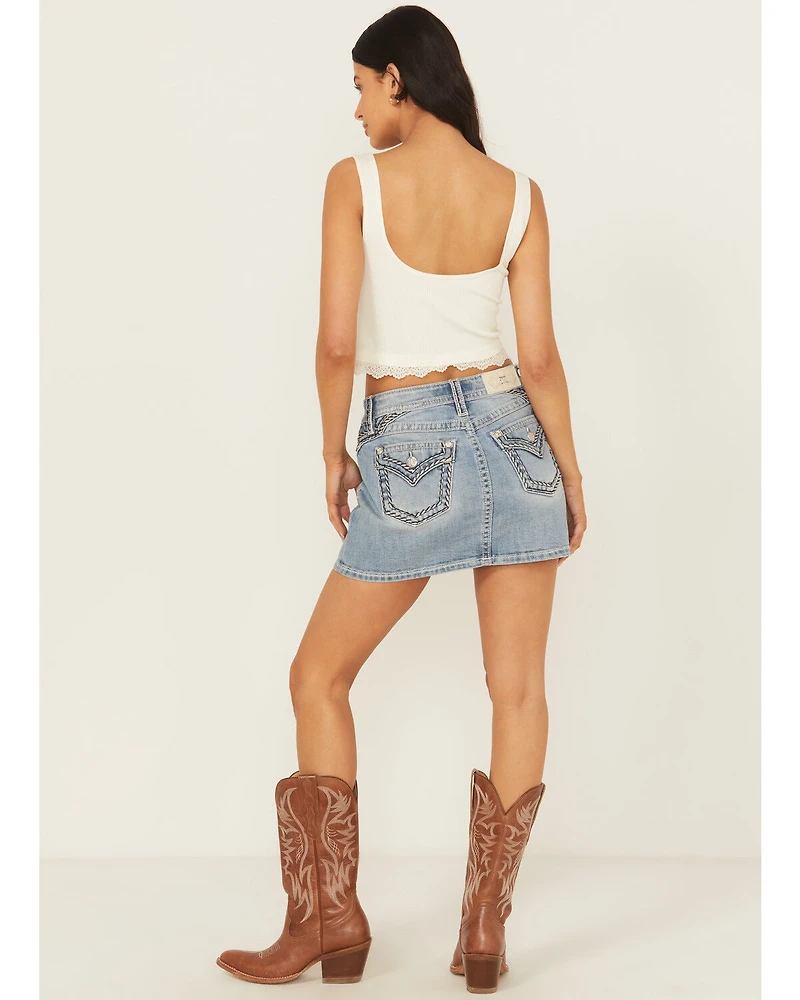 Miss Me Women's Light Wash Mid Rise Embroidered Denim Stretch Mini Skirt