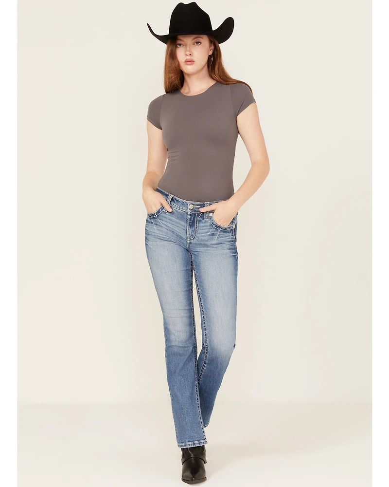 Miss Me Women's Medium Wash Dream Catcher Embroidered Mid Rise 32" Bootcut Stretch Denim Jeans