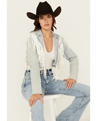 Azalea Wang Women's Halina Fringe Light Wash Cropped Denim Jacket