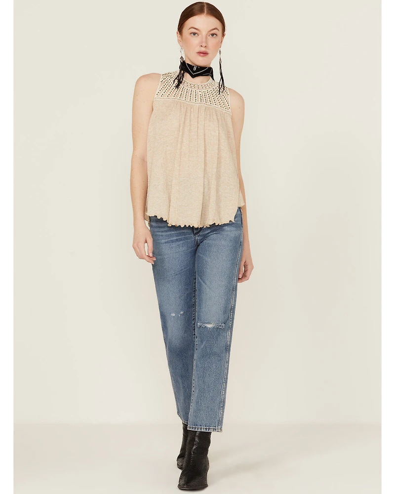 Wild Moss Women's Crochet Studded Yoke Flowy Tank Top
