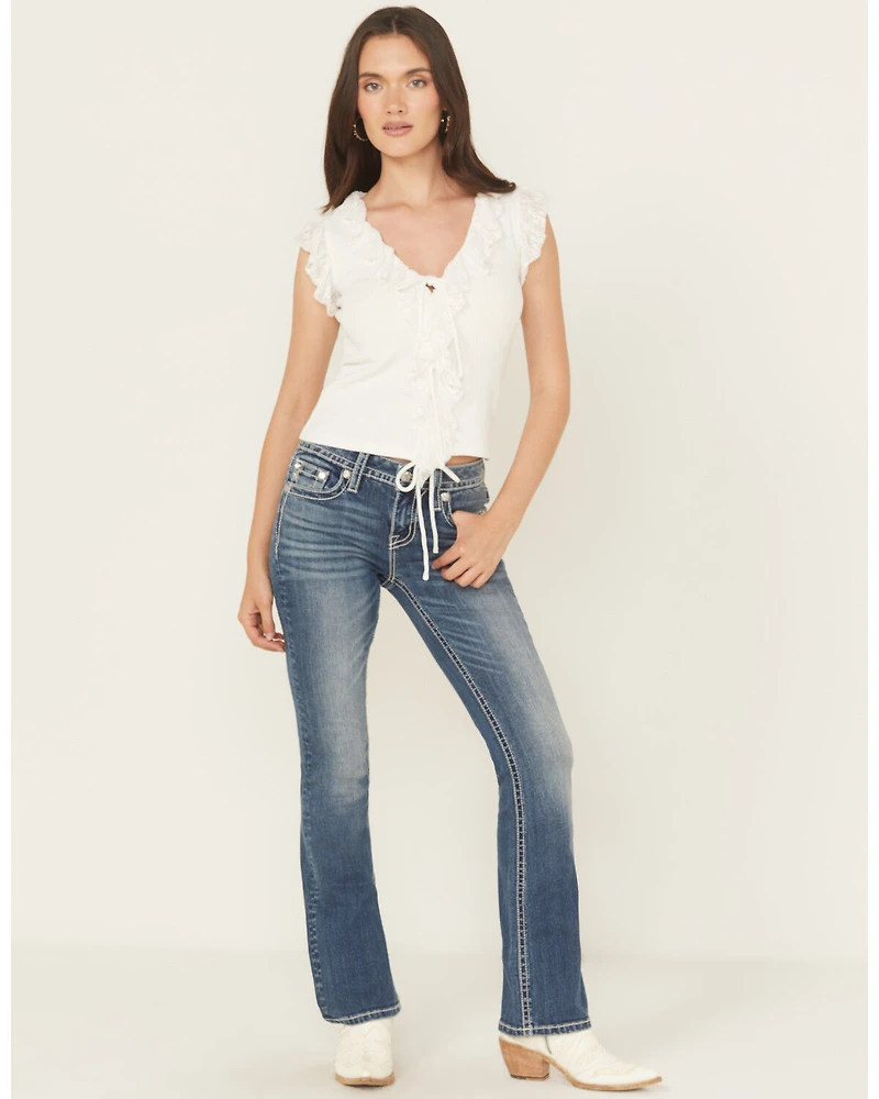 Miss Me Women's Dark Wash Mid Rise Pleather Border Flap Pocket 32" Bootcut Stretch Denim Jeans