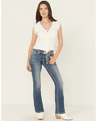 Miss Me Women's Dark Wash Mid Rise Pleather Border Flap Pocket 32" Bootcut Stretch Denim Jeans