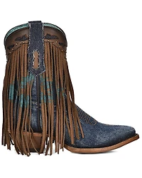 Corral Women's Denim Overlay Fringe Ankle Booties - Snip Toe