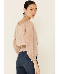 Mystree Women's Floral Paisley Print 3/4 Sleeve Smocked Top